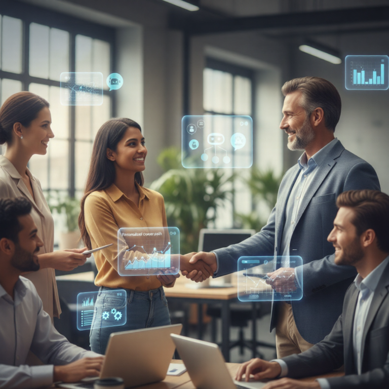 Business team reviewing AI insights and collaborating in a modern office, representing AI adoption for mid sized businesses in Australia