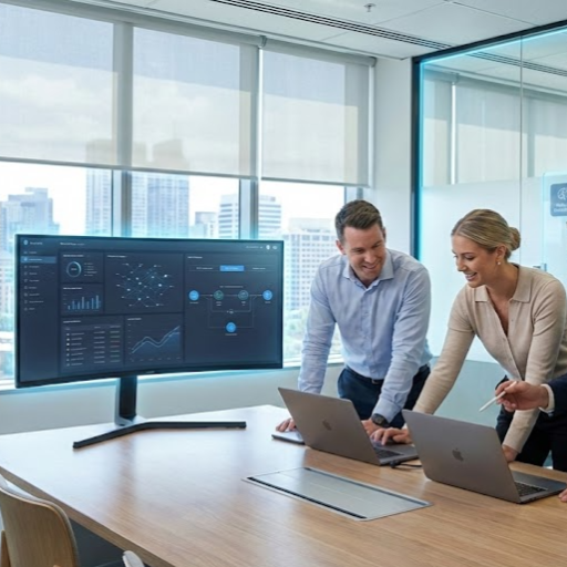 Business professionals reviewing AI analytics on desktop and laptop screens in a modern office showing AI adoption for mid sized businesses