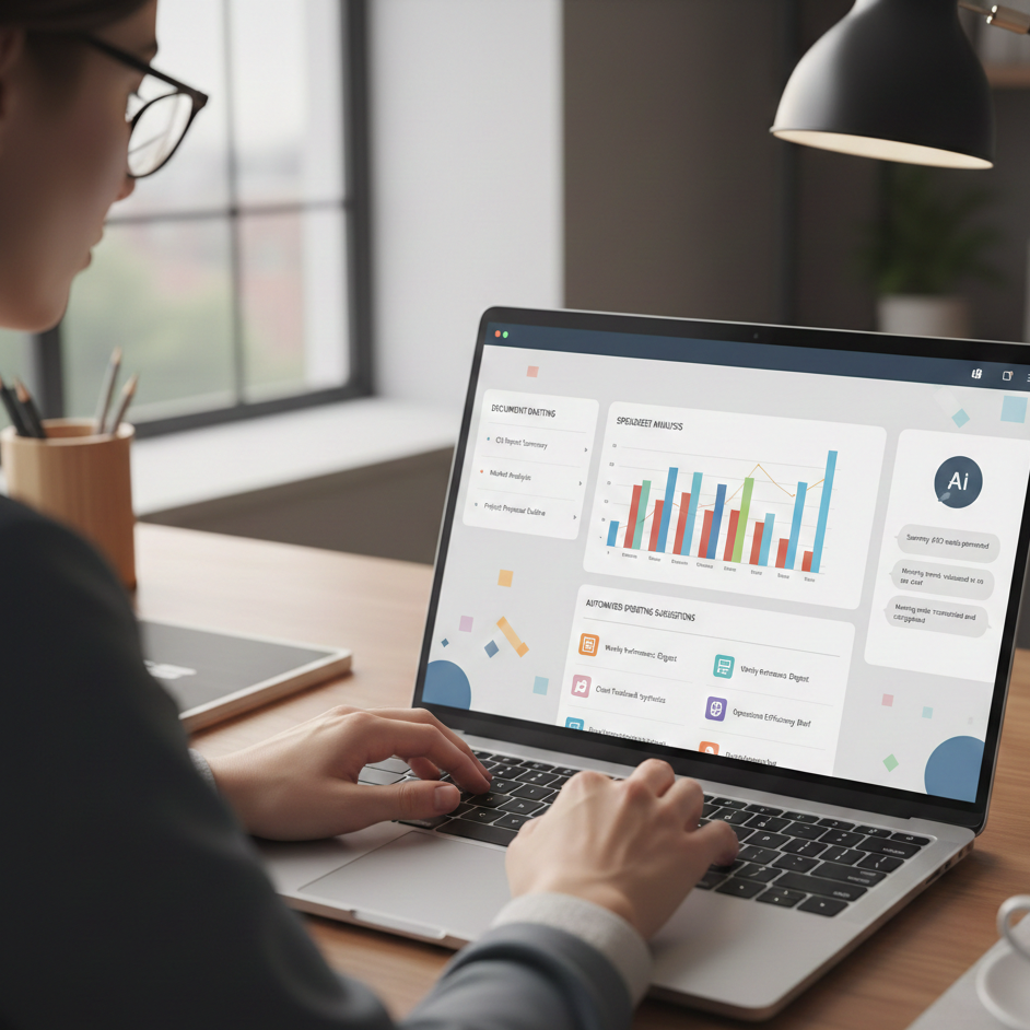 Professional using AI assistant interface demonstrating Microsoft Copilot and NetSuite productivity automation