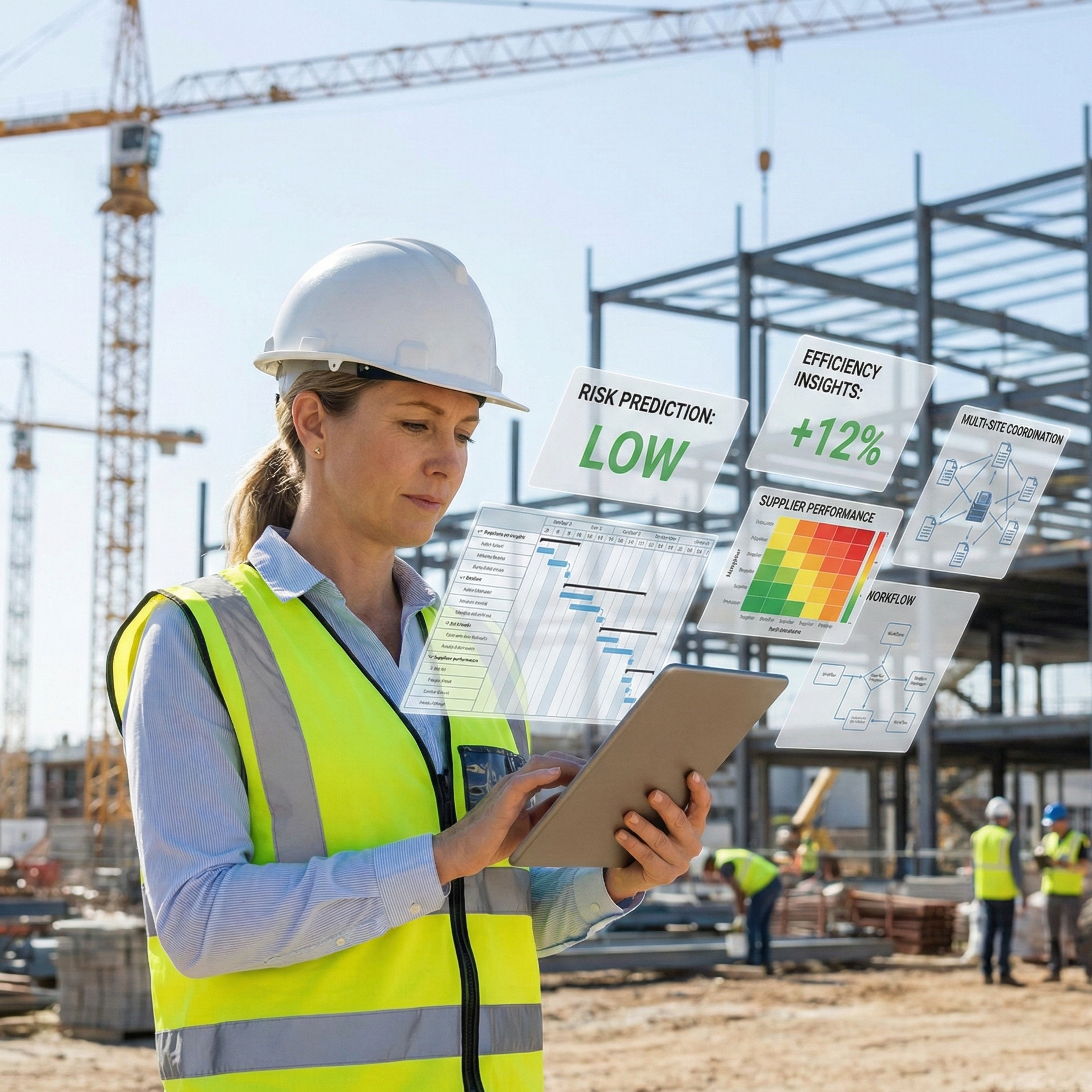 Construction project manager reviewing a tablet with subtle AI data overlays showing analytics, risk predictions, and workflow insights on a modern job site.