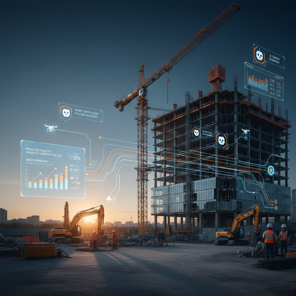 Construction AI Use Cases illustration showing AI improving construction workflows