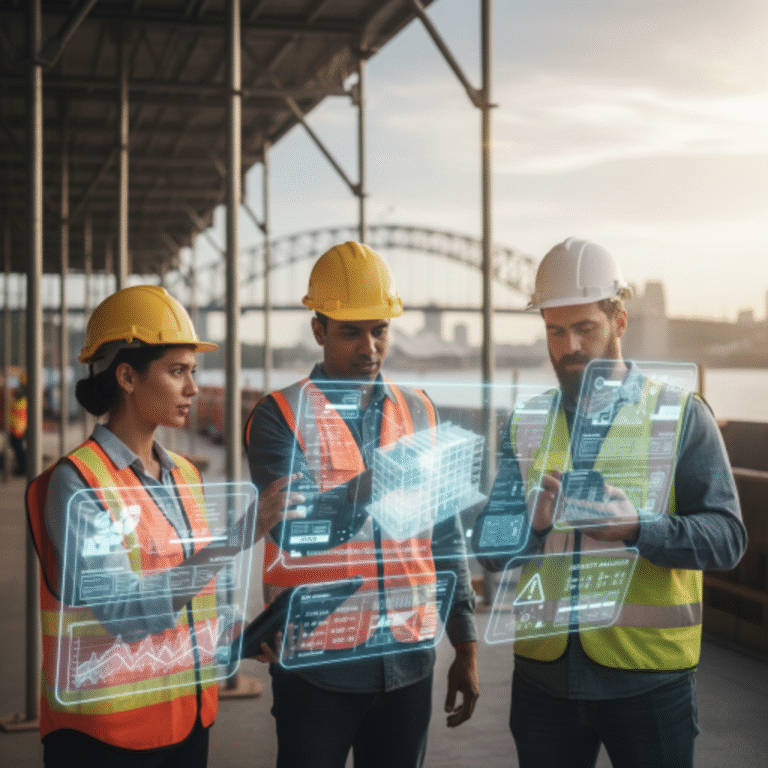 Construction workers using AI digital tools and holographic planning dashboards on a building site.