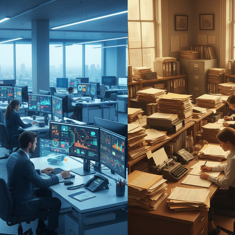 Comparison image showing a modern digital workplace using AI for mid-sized businesses alongside a traditional office relying on manual paperwork.