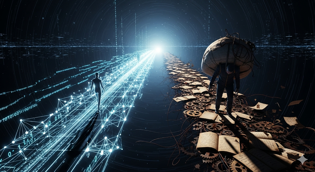 Person choosing between a digital AI powered workflow and a manual outdated workflow representing AI adoption for mid sized businesses in Australia