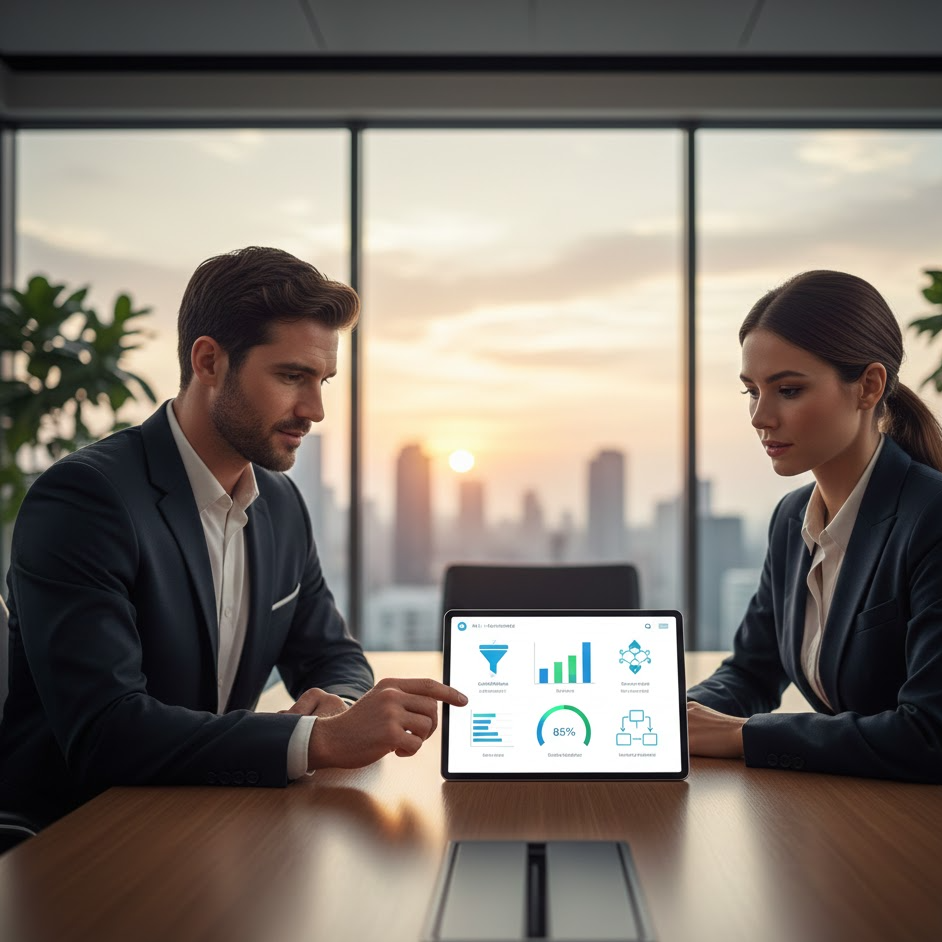 HR professionals reviewing HR AI Use Cases on a tablet dashboard with clean charts and analytics.