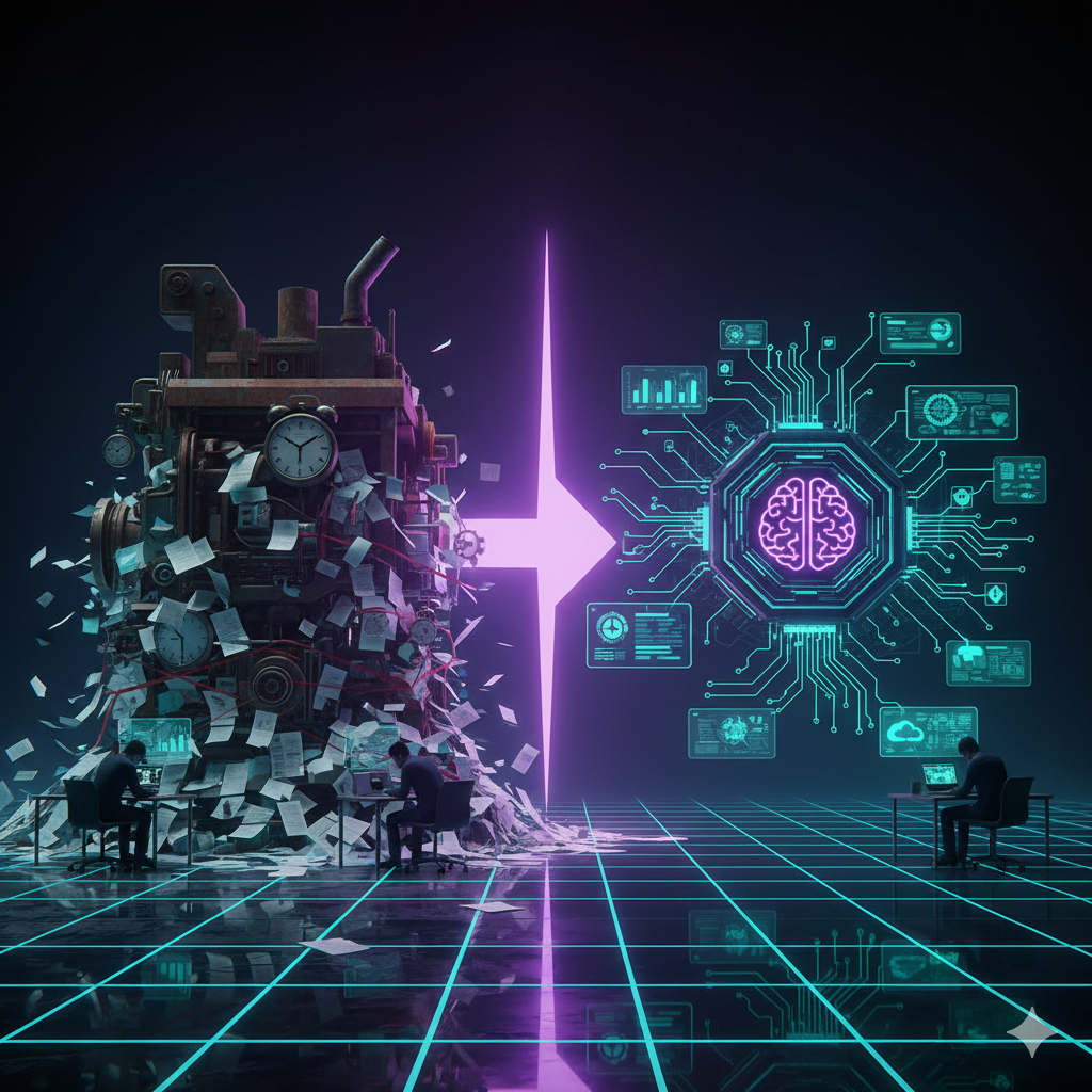 AI Workflow Automation for SMEs illustration showing manual workflows transforming into streamlined automated processes