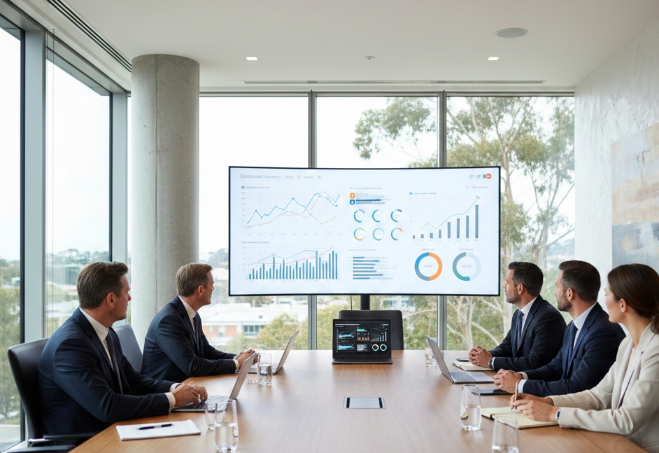 Executives reviewing connected reporting dashboards showing data clarity for business decision making