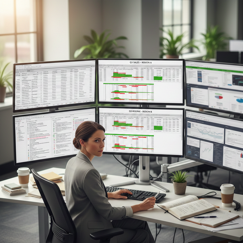 Professional dealing with multiple conflicting reports illustrating lack of data clarity for business