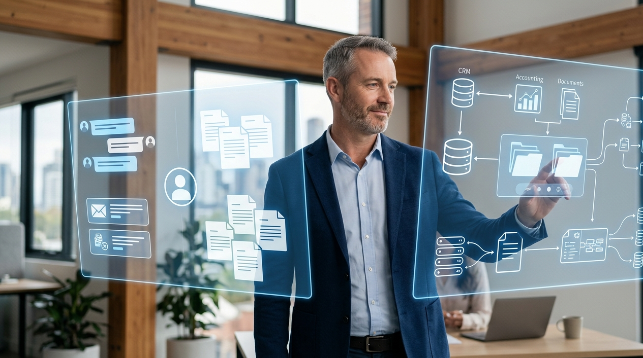 Australian business owner comparing personal AI tools with whole-of-business AI orchestration.
Title: Personal AI vs Business AI for Australian SMEs