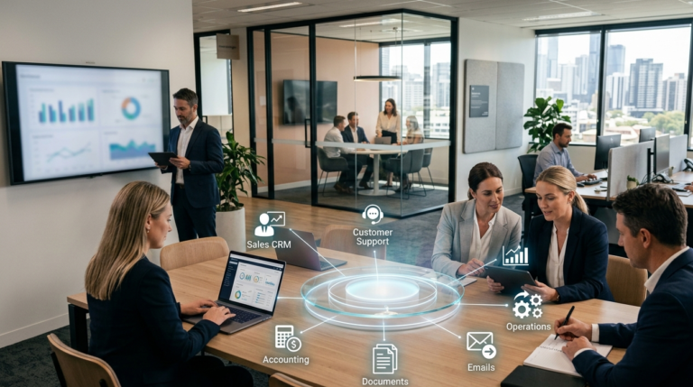 Split image showing personal AI for individual productivity and business AI for organisation-wide transformation.