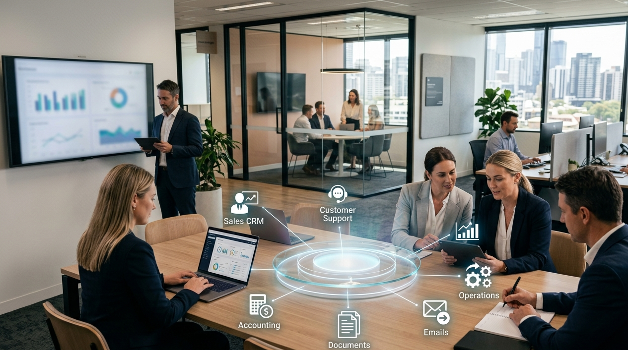 Split image showing personal AI for individual productivity and business AI for organisation-wide transformation.