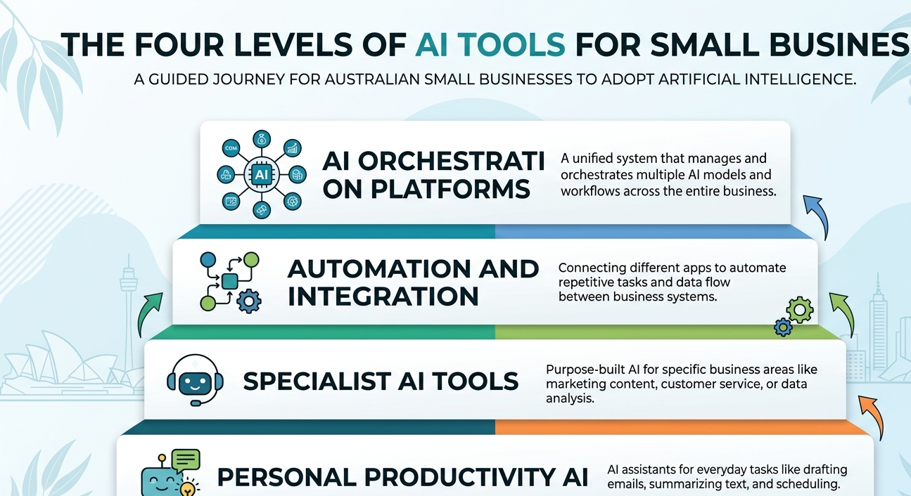 Infographic showing the four levels of AI tools for small business, from productivity tools to AI orchestration platforms.