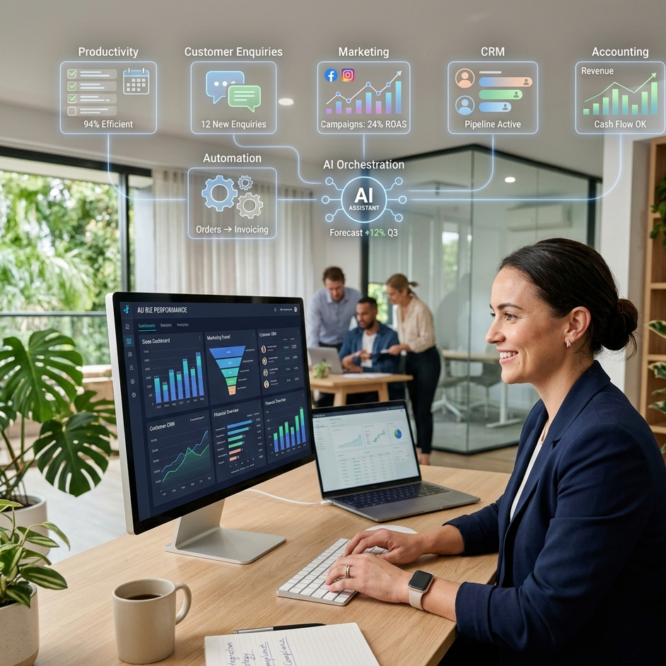 Australian small business team using AI tools for small business in a modern office.