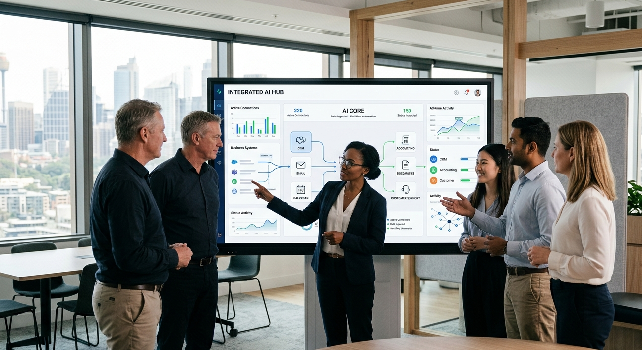Modern business team reviewing an AI orchestration dashboard connecting CRM, email, calendar, accounting and documents.