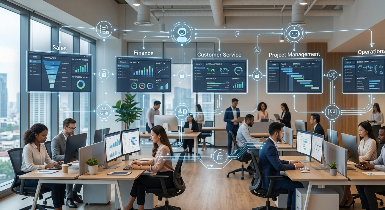 AI agents coordinating sales, finance, customer service and operations workflows in a professional business environment.