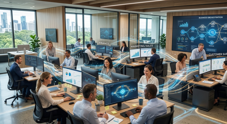 A connected business AI network linking teams, systems, documents and workflows across a modern office.