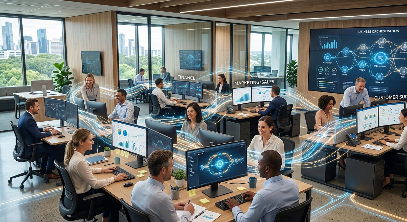 A connected business AI network linking teams, systems, documents and workflows across a modern office.